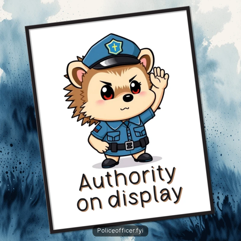 Funny hedgehog police officer digital art print: a determined saluting creature, perfect humorous decor.
