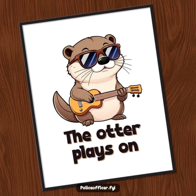 Funny digital art print of a cool otter wearing shades and a confident smirk, playing a miniature instrument, offering stylish decor.