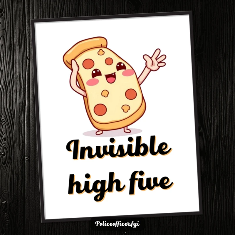 Funny pizza digital art print of a smiling pizza slice giving a playful high-five, perfect for vibrant, humorous decor.