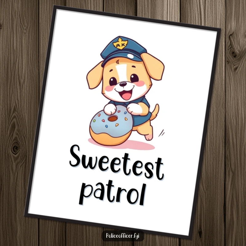 Funny puppy police officer digital art print: a happy dog chasing a donut, vibrant and humorous.