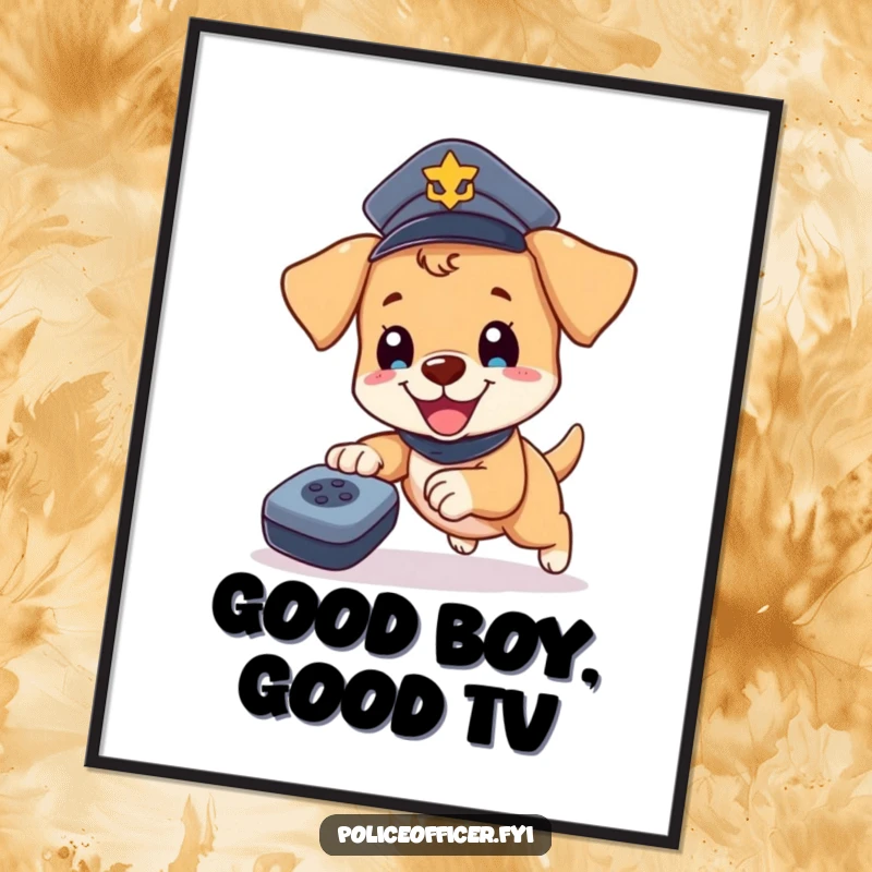 Funny Puppy Cop Digital Art: Happy puppy in a police hat chasing a rolling remote, a high-resolution humorous illustration for instant wall decor.