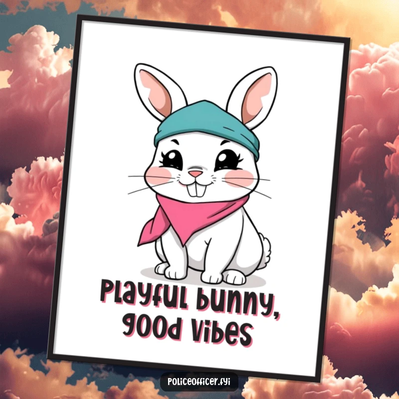 Funny Rabbit Digital Art Print showcasing a playful rabbit in a ripped bandana with a mischievous grin, offering instant whimsical wall decor.
