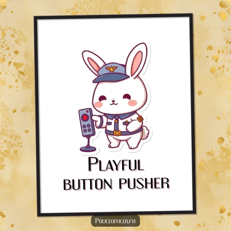 Playful rabbit in a uniform pressing a remote button, available as a downloadable funny digital art print.