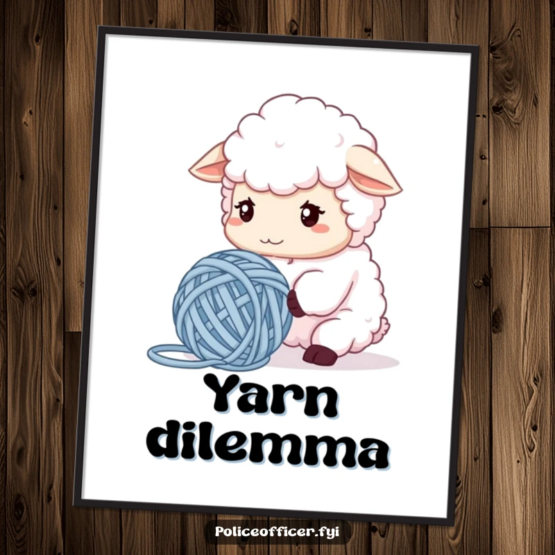 Funny Sheep Digital Art Print of a fluffy sheep confused by tangled yarn, radiating hilarious crafting struggles and relatability, perfect for wall decor.