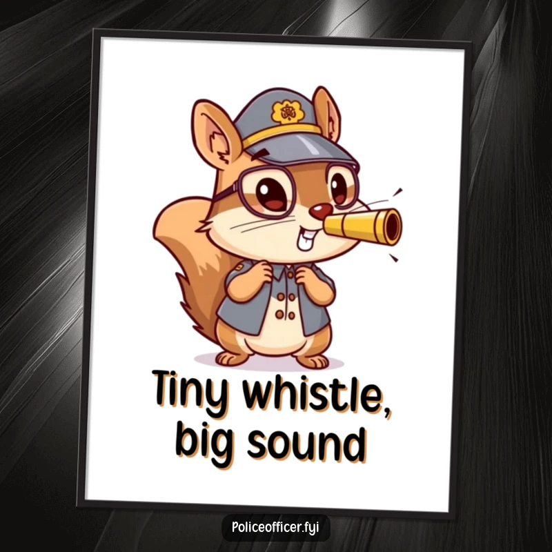 Funny digital art print of an energetic squirrel police officer blowing a miniature whistle, radiating action and playful spirit.