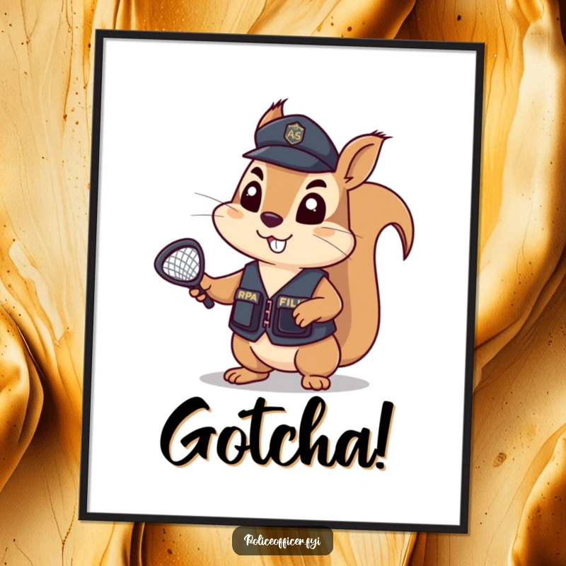 Funny Digital Art Print of a determined squirrel in a tiny police vest, holding a tiny net aloft, ready to capture any chaotic elements.