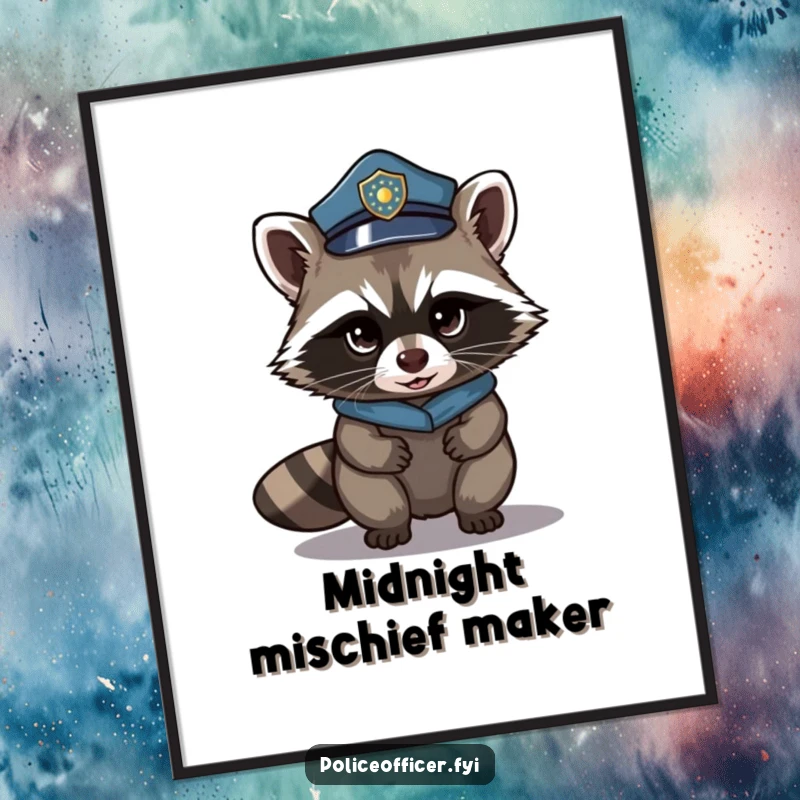 Funny digital art print of a mischievous raccoon wearing a police hat, tiptoeing stealthily. Instant wall decor.