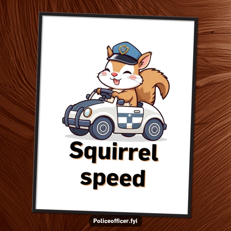 Funny Digital Art Print of a giggling squirrel in a police hat riding a toy police car, symbolizing playful pursuit.