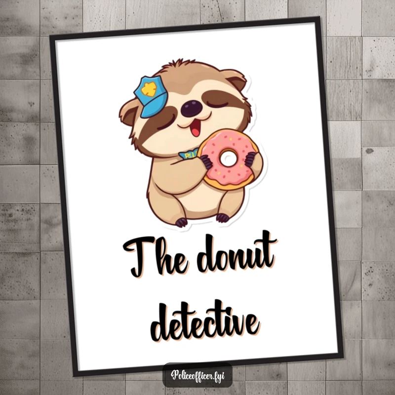 Funny Sloth Police Digital Art: High-quality artwork of a sleepy sloth in a police badge, yawning with a donut.