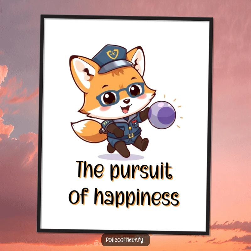 Funny digital art print of a fox cub police officer chasing a bouncing ball. High-resolution humorous illustration.