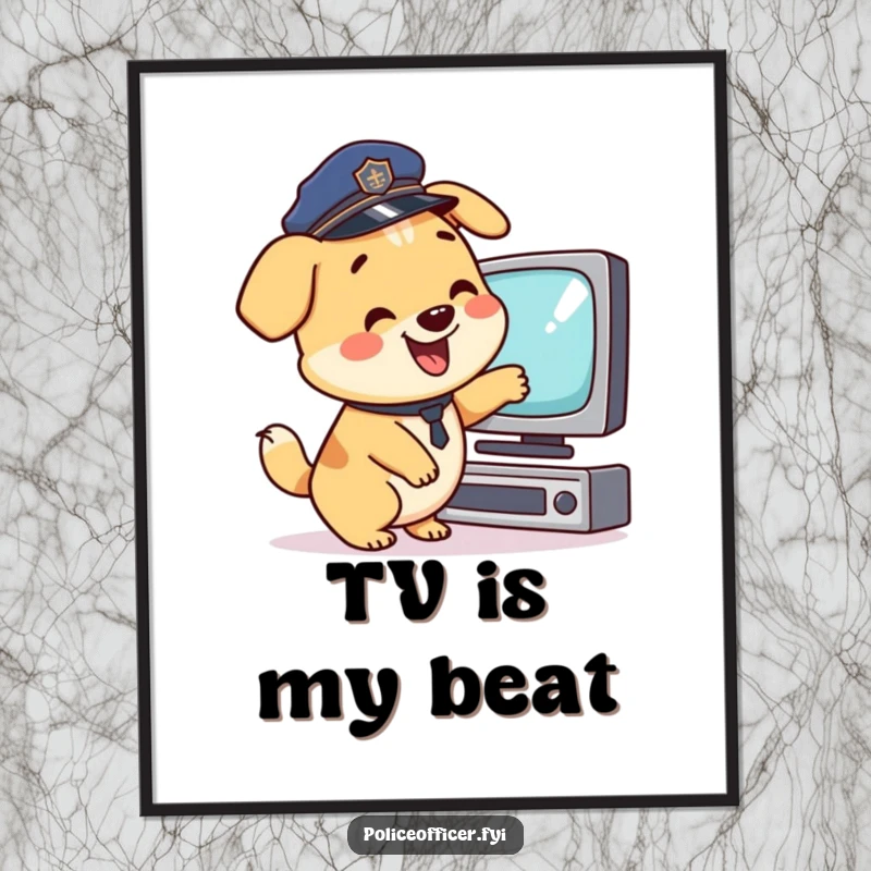 Funny Digital Art: Happy dog in police hat pointing at TV, wagging tail, downloadable funny gift.