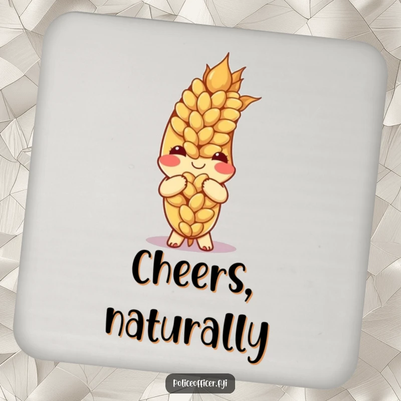 Funny ear of wheat character bowing politely on a protective drink coaster, adding charm.