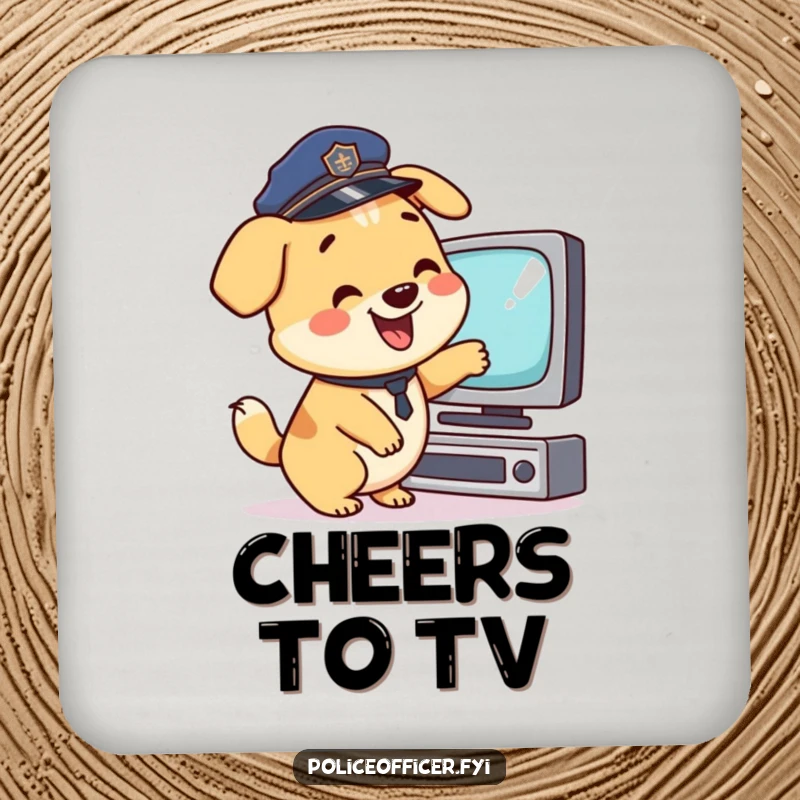 Funny Coaster: Happy dog in police hat pointing at TV, wagging tail, a cute funny gift.