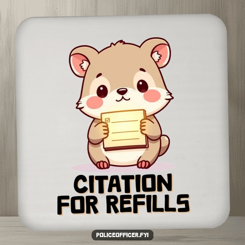 Funny drink coasters featuring a small animal holding a glowing citation pad, providing humor and surface protection with a purposeful expression.