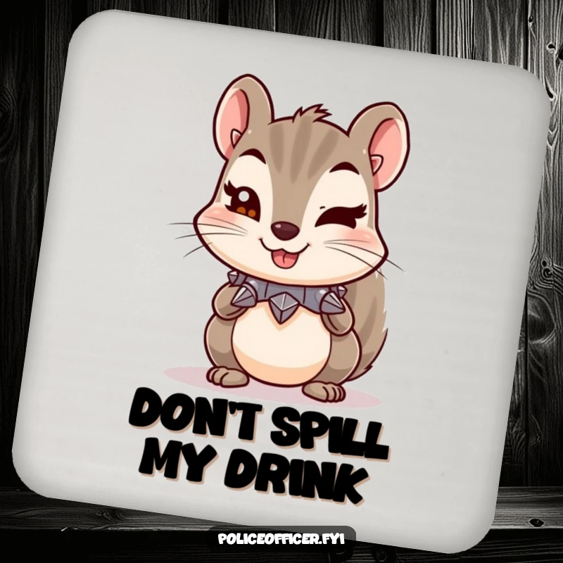 Funny drink coaster with a mischievous squirrel, tiny spiked collar, and a cheeky wink, safeguarding surfaces humorously.