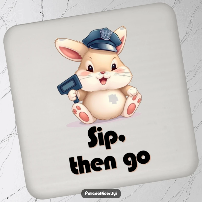 Funny Bunny Cop Drink Coasters featuring fluffy bunnies in police hats happily directing traffic with large paws, offering humorous protection.