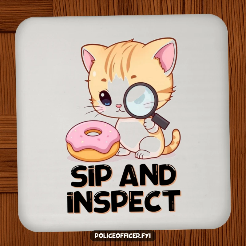 Funny Kitten Detective Drink Coasters featuring curious kittens with magnifying glasses examining smiling donuts, offering humorous protection.