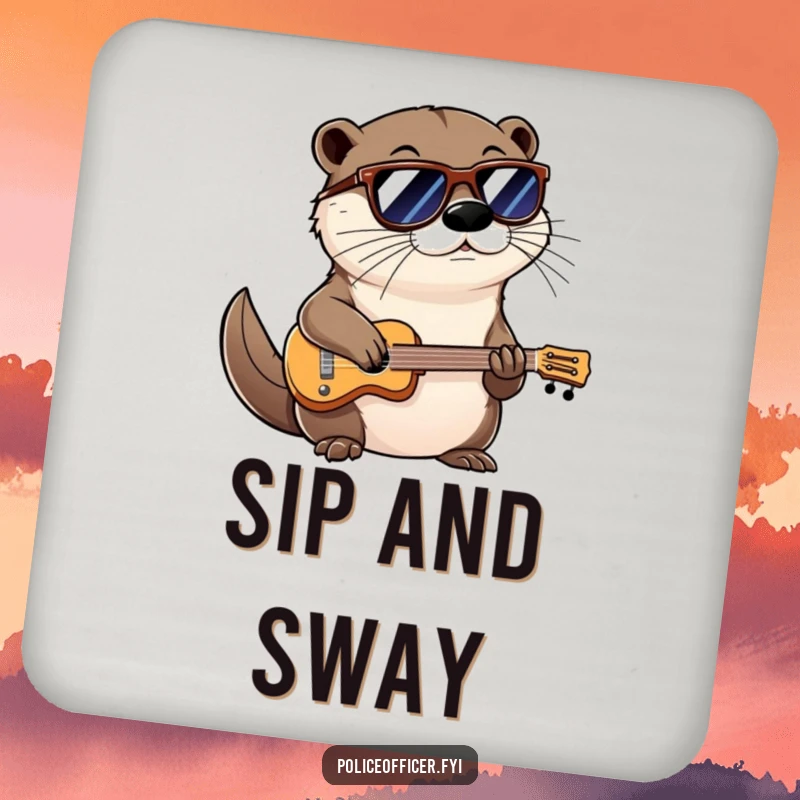 Funny drink coaster with a cool otter wearing shades and a confident smirk, playing a miniature instrument, safeguarding surfaces.