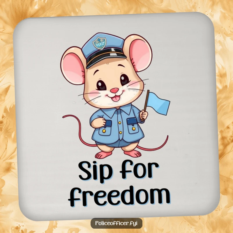 Funny smiling mouse police officer coaster, holding a small flag, protecting surfaces with humor.