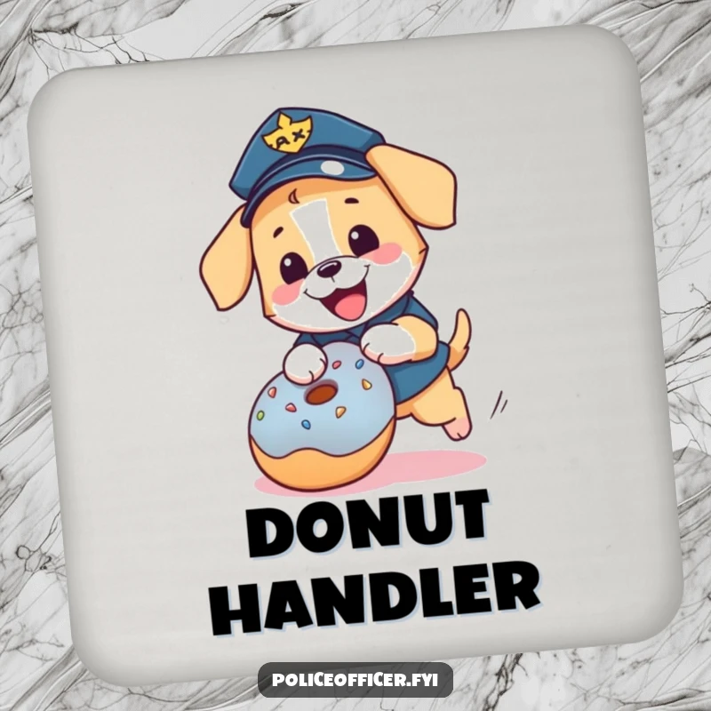 Funny puppy police officer coaster: a happy dog in uniform chasing a donut, protecting your surfaces.