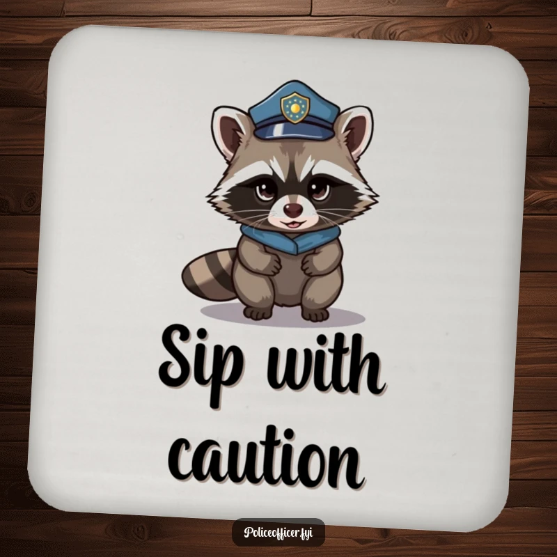 Funny drink coasters with a stealthy raccoon in a police hat, tiptoeing with a mischievous look. Table protection.