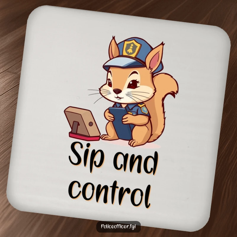 Funny Squirrel Cop Coasters: Set of 4, featuring a determined squirrel in police costume watching a remote.