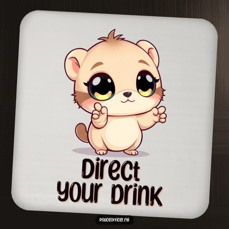 Funny drink coasters featuring a small creature directing traffic with tiny paw gestures, providing humor and surface protection.
