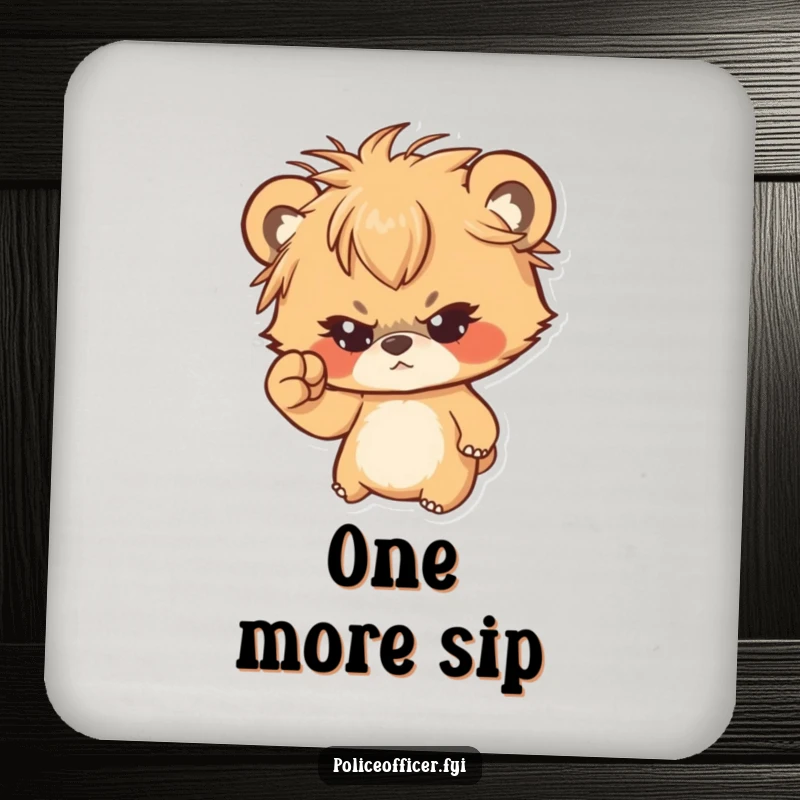Funny drink coaster depicting a determined bear cub with messy hair shaking a tiny fist, safeguarding surfaces humorously.