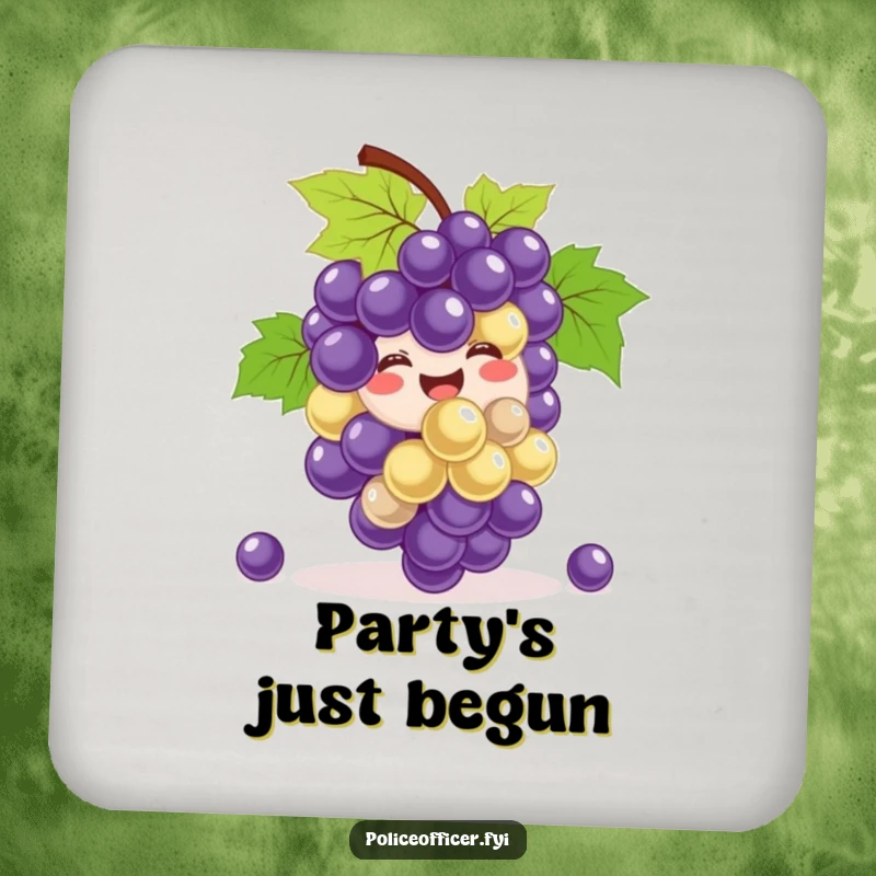Funny Coaster: A smiling bunch of grapes happily bouncing, hilariously protecting surfaces with a touch of fruity fun and cheer.