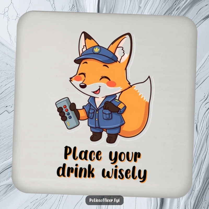 Funny Fox Coaster: Smiling uniformed fox holding a remote, a humorous and protective accessory for drinks.