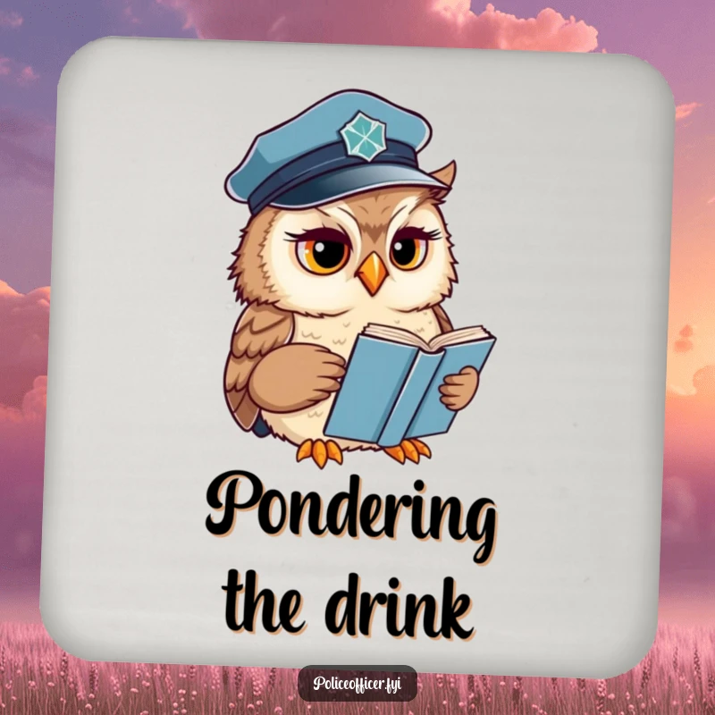 Funny Owl Drink Coaster set featuring a wise officer reading a book with a concerned expression, protecting surfaces with humor.