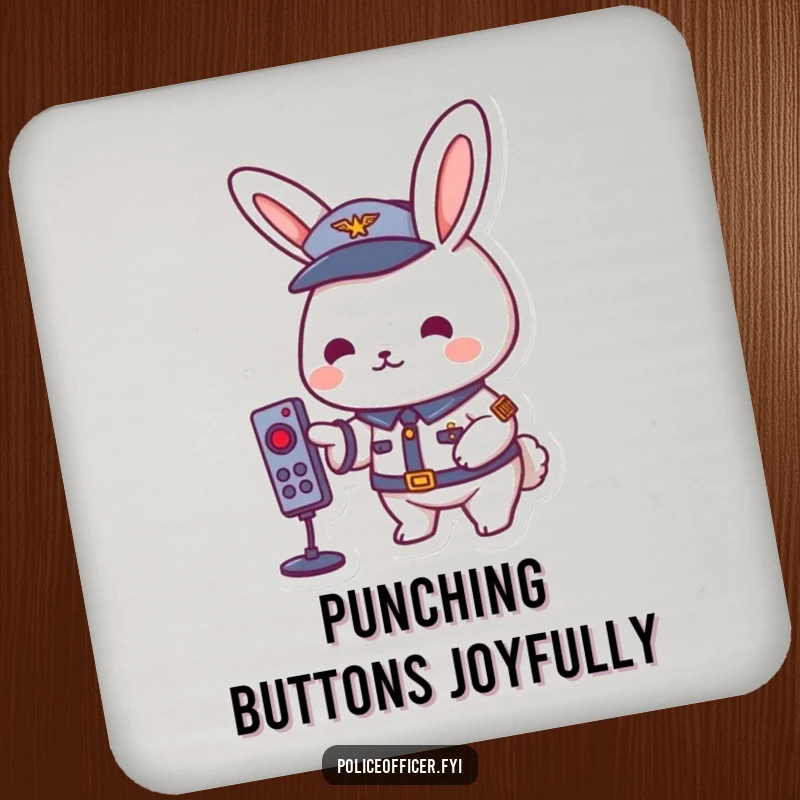 Playful rabbit in a uniform pressing a remote button, on a protective and funny drink coaster.