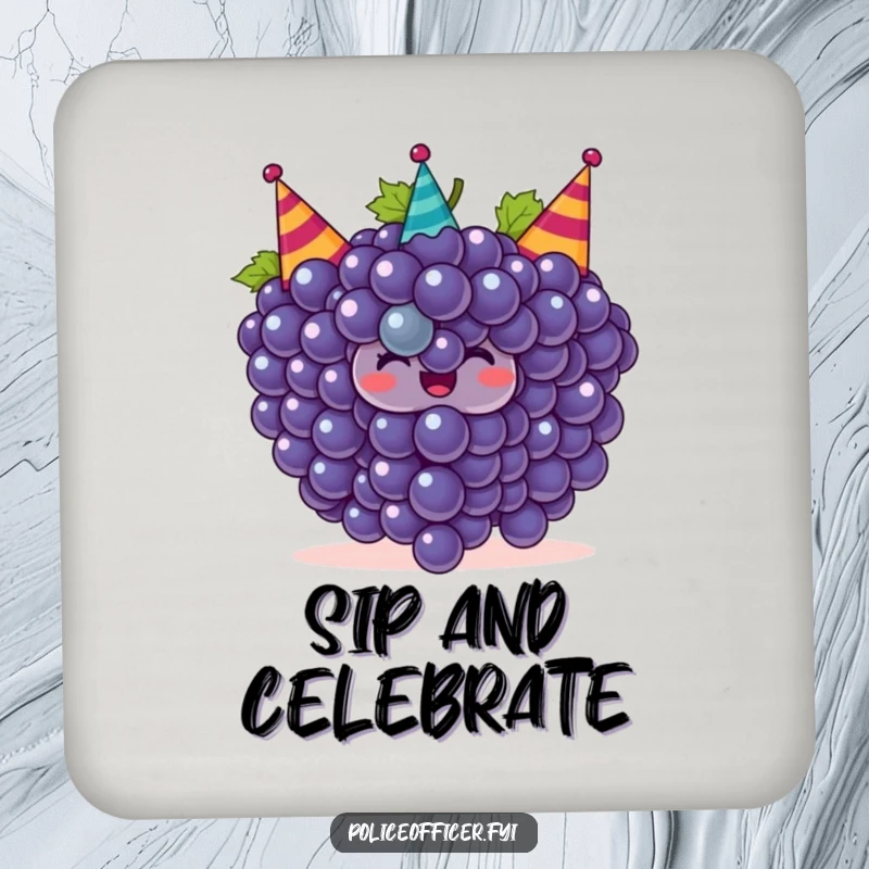 Funny grapes coasters featuring a smiling bunch of grapes wearing tiny party hats, adding humorous and festive protection.