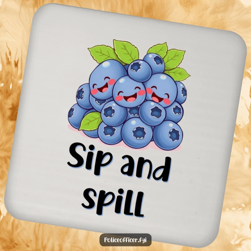 Funny bunch of blueberries giggling on a protective drink coaster, adding whimsical charm.