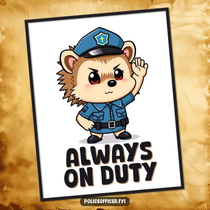 Funny hedgehog police officer poster: a small, determined cop in uniform saluting, a comical wall art.