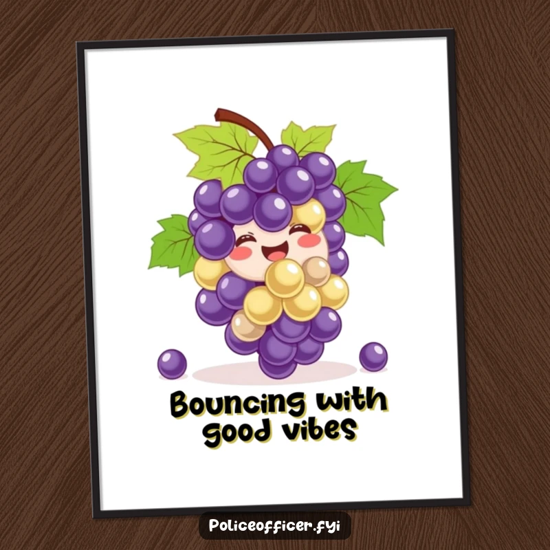 Funny Poster: A smiling bunch of grapes joyfully bouncing, bringing hilarious energy and a cheerful, fruity vibe to any wall.
