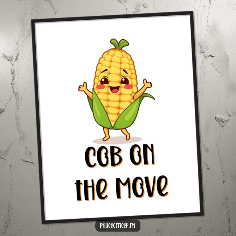 Funny dancing corn cob character depicted in a lively dance pose on a colorful wall poster.