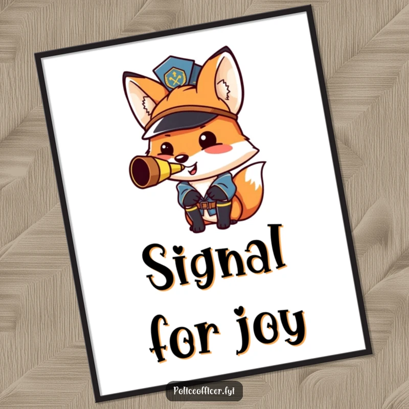 Funny fox police officer poster: a proud, smiling fox in uniform blowing a whistle, whimsical wall art.