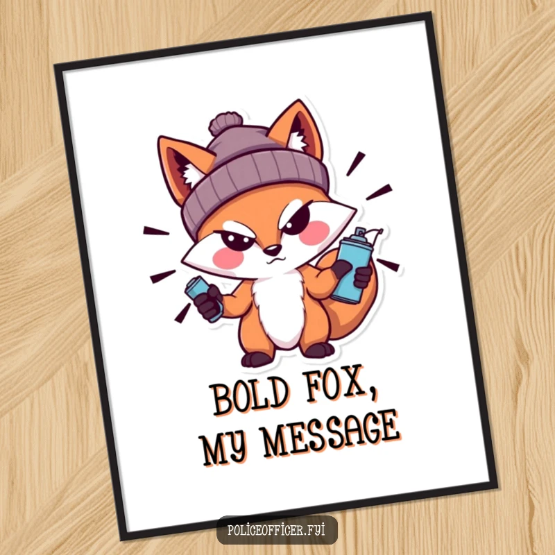 Funny Fox Poster depicting a bold fox wearing a beanie with a sneer, holding a spray can, perfect for adding edgy street art to any space.