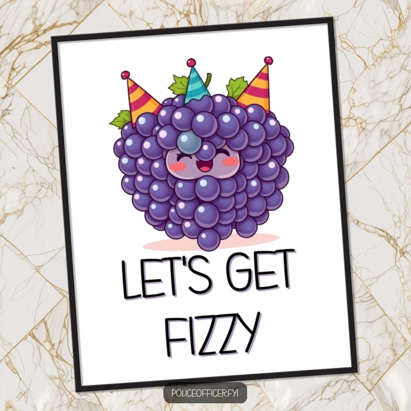 Funny grapes poster featuring a smiling bunch of grapes wearing tiny party hats, adding festive and humorous decor.