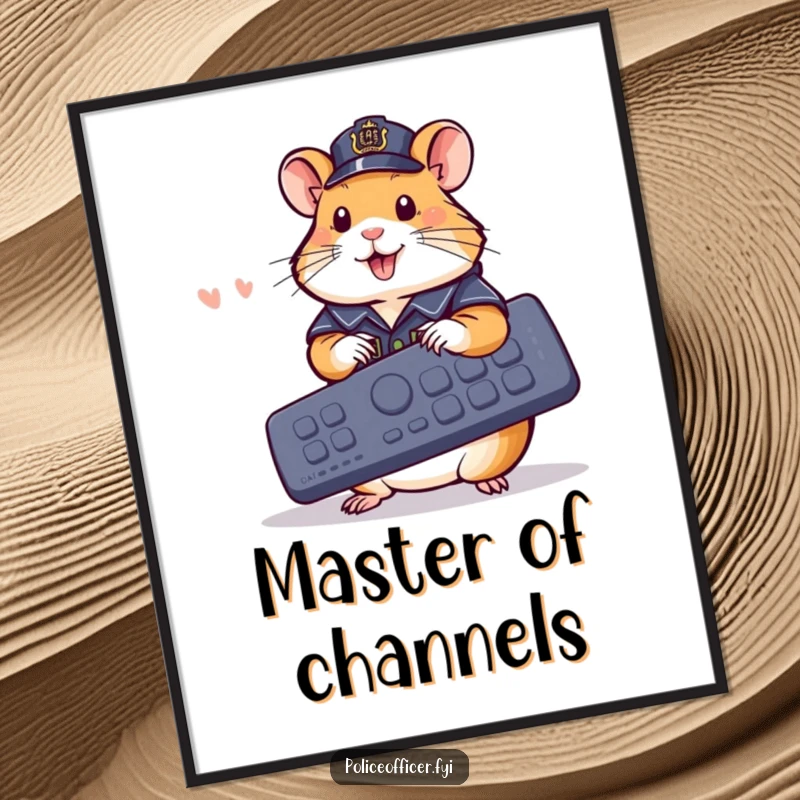 Funny Poster: Cheerful hamster in police outfit operating a giant remote, wall art for funny gift.
