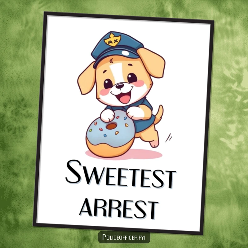 Funny puppy police officer poster: a happy, uniformed dog chasing a rolling donut, delightful wall art.
