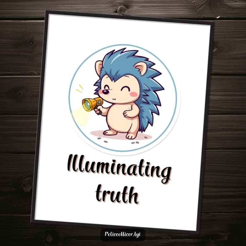 Funny Poster of a brave hedgehog in a small badge, holding a miniature flashlight, scanning the ground, bringing adventure to your decor.