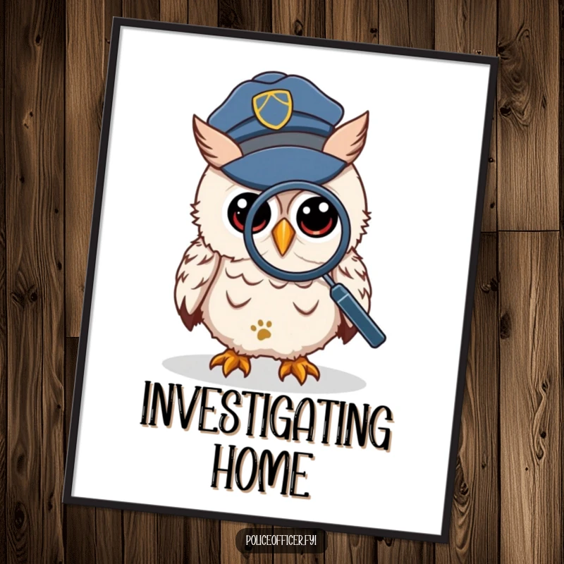 Funny Poster of a wise owl in a police cap, peering through a magnifying glass at a tiny footprint, revealing crucial evidence.