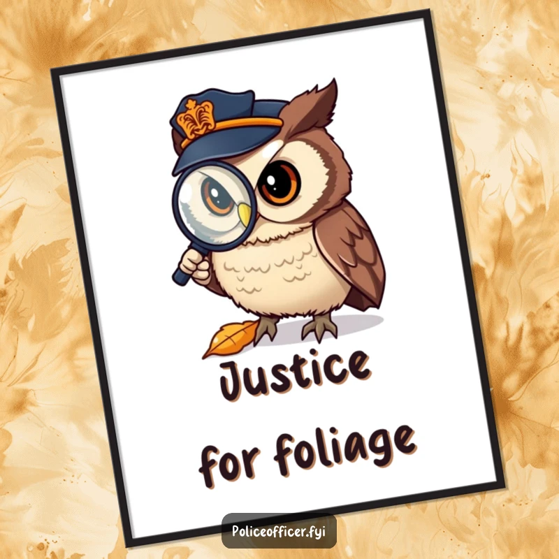 Funny Poster: A little owl police officer intently studying a fallen leaf with a magnifying glass, a humorous work of art.
