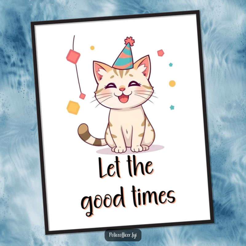 Funny party cat poster showing a cat in a hat batting at shapes, embodying festive fun and playful celebration.