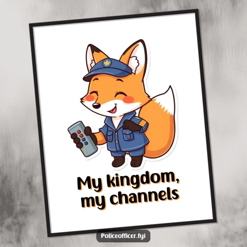 Funny Fox Poster: Smiling uniformed fox holding a remote, a humorous piece of wall art celebrating relaxation and control.