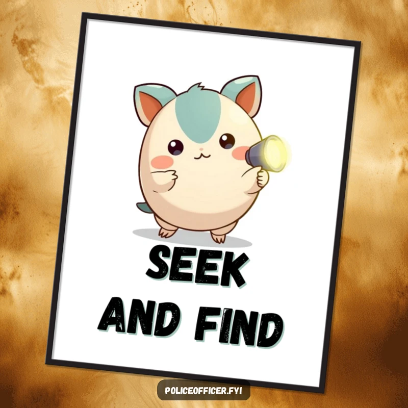 Funny poster depicting a small, round creature with alert ears pointing a tiny flashlight, ideal for humorous wall decor.