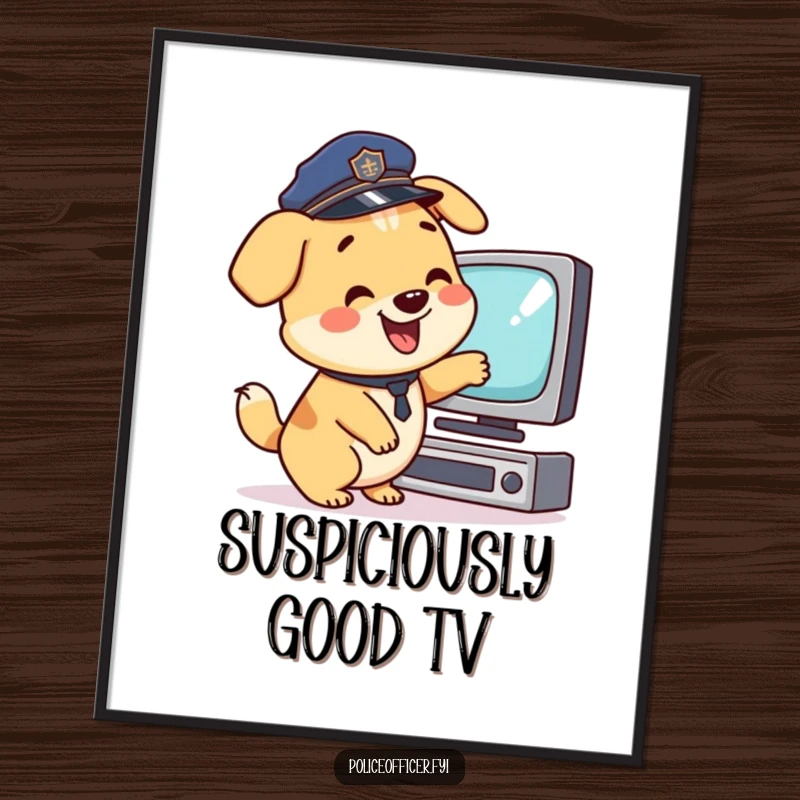 Funny Poster: Happy dog in police hat pointing at TV screen, tail wagging, humorous funny gift.