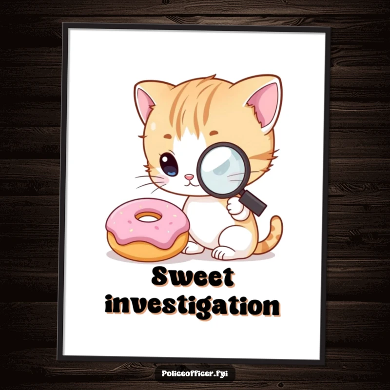 Funny Kitten Detective Poster featuring a curious kitten with a magnifying glass, intensely examining a smiling donut, creating playful wall art.